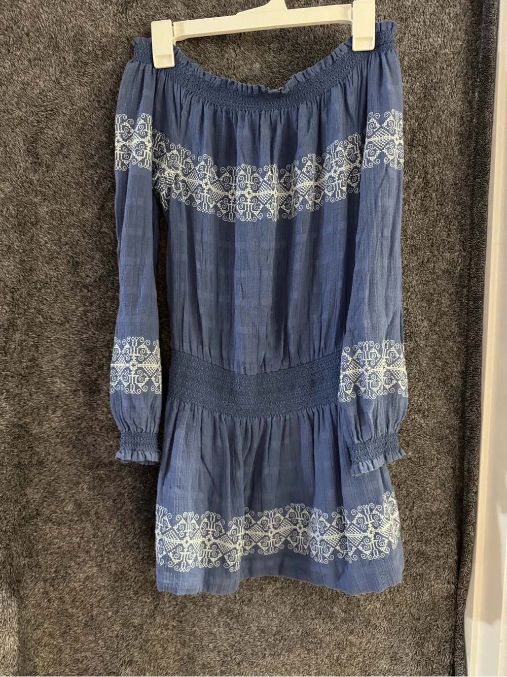 Tory Burch Blue Off-Shoulder Embroidered Long-Sleeve Dress
